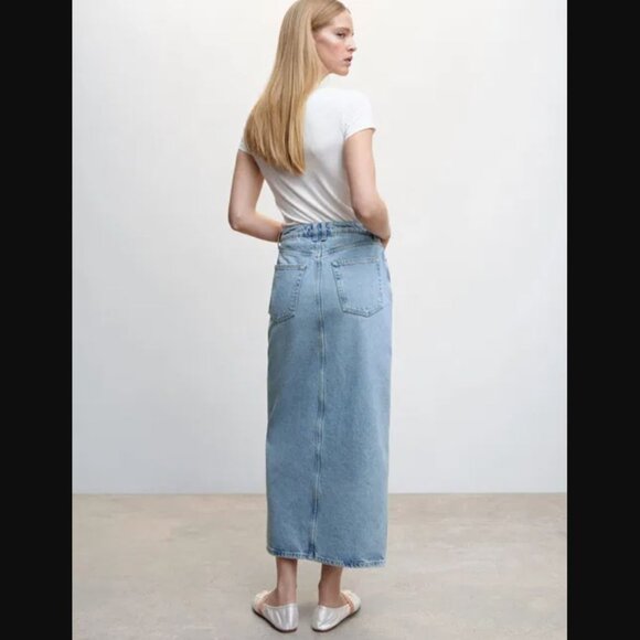 Mango MNG Women's Medium Wash Slit Denim Straight Maxi Skirt Timeless Size S - Picture 4 of 16